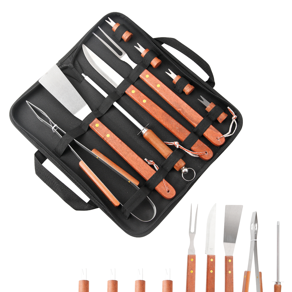 Kit Churrasco 10 Peças Completo Aço e cabo de madeira Inox Faca, garfo, Pegador, Espátula, Amolador, e pegador petisco
