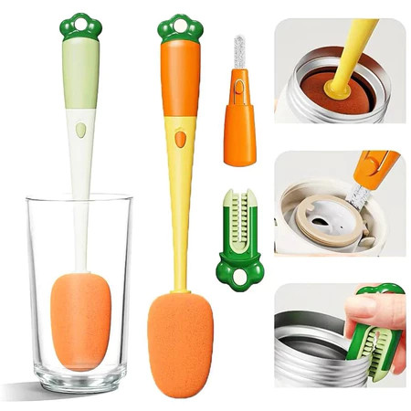 Escova 3 em 1 de Limpeza para Copos e Garrafas ✨ Cabo Longo Multifuncional, Formato Divertido de Cenoura