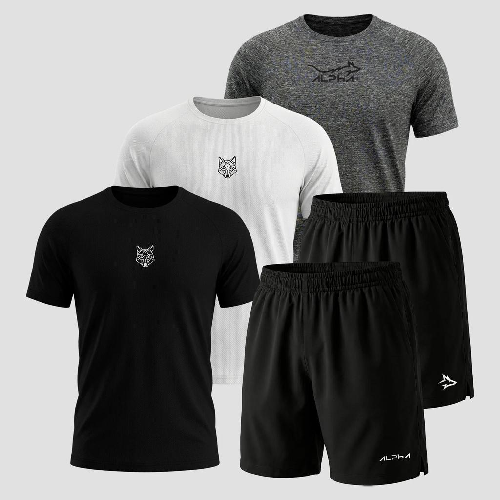 Kit 5 Peças Dry Fit 3 Camisetas e 2 Bermudas Alpha Co