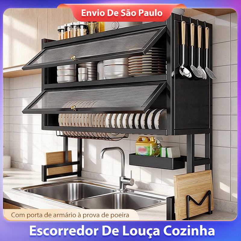 Escorredor Louça Cozinha Suspensa Rack Pia Aço Modular Autosustentável Organizador 65/75/85/95/105cm Preto Branco