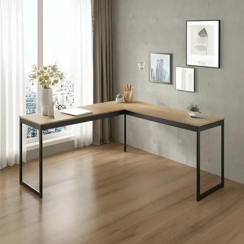 Mesa Em L Industrial Escrivaninha De Canto Nórdico Vintage Ferro E Madeira Laminado Com Preto E-led Meslmagn E-led Brasil 150x74x45
