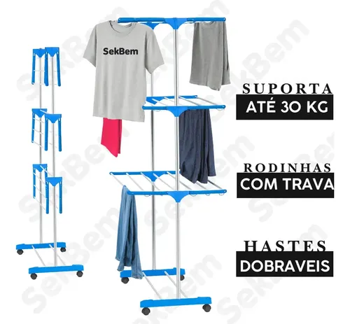 Varal De Chão Sekbem Varal De Roupas 3 Andares Dobrável Grande C/ 4 Rodas Cor Azul